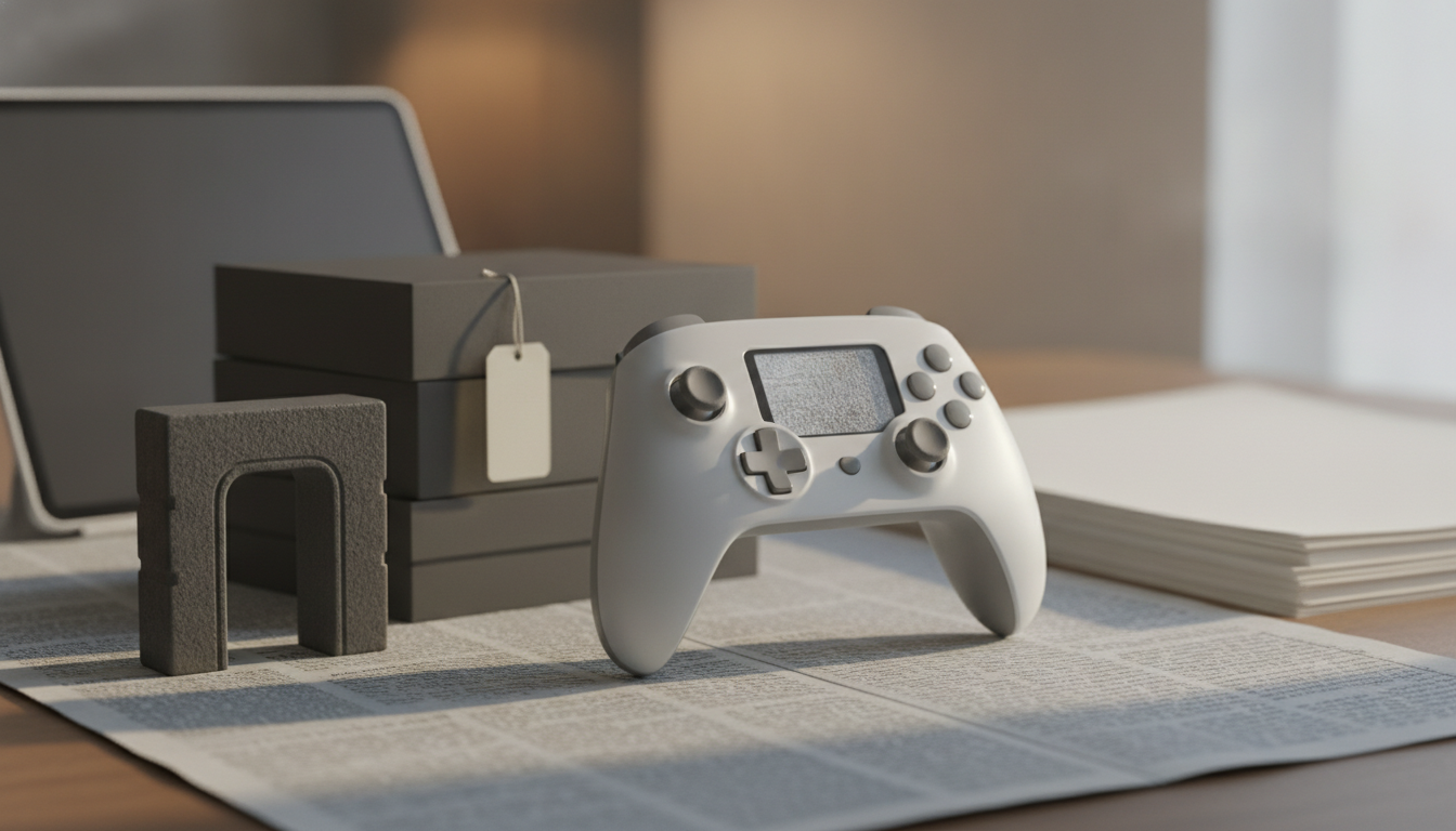 A white game controller sits beside stacked dark boxes, a small foam block, a tablet, and a stack of papers on a desk.