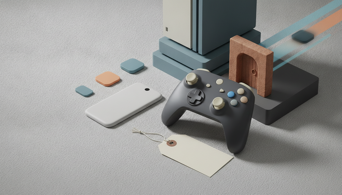 a dark game controller beside a white card, small colored blocks, and a small archway on a textured surface