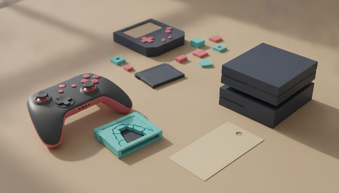 A game controller, handheld console parts, small colorful blocks, stacked dark boxes, and blank cards rest on a beige surface.