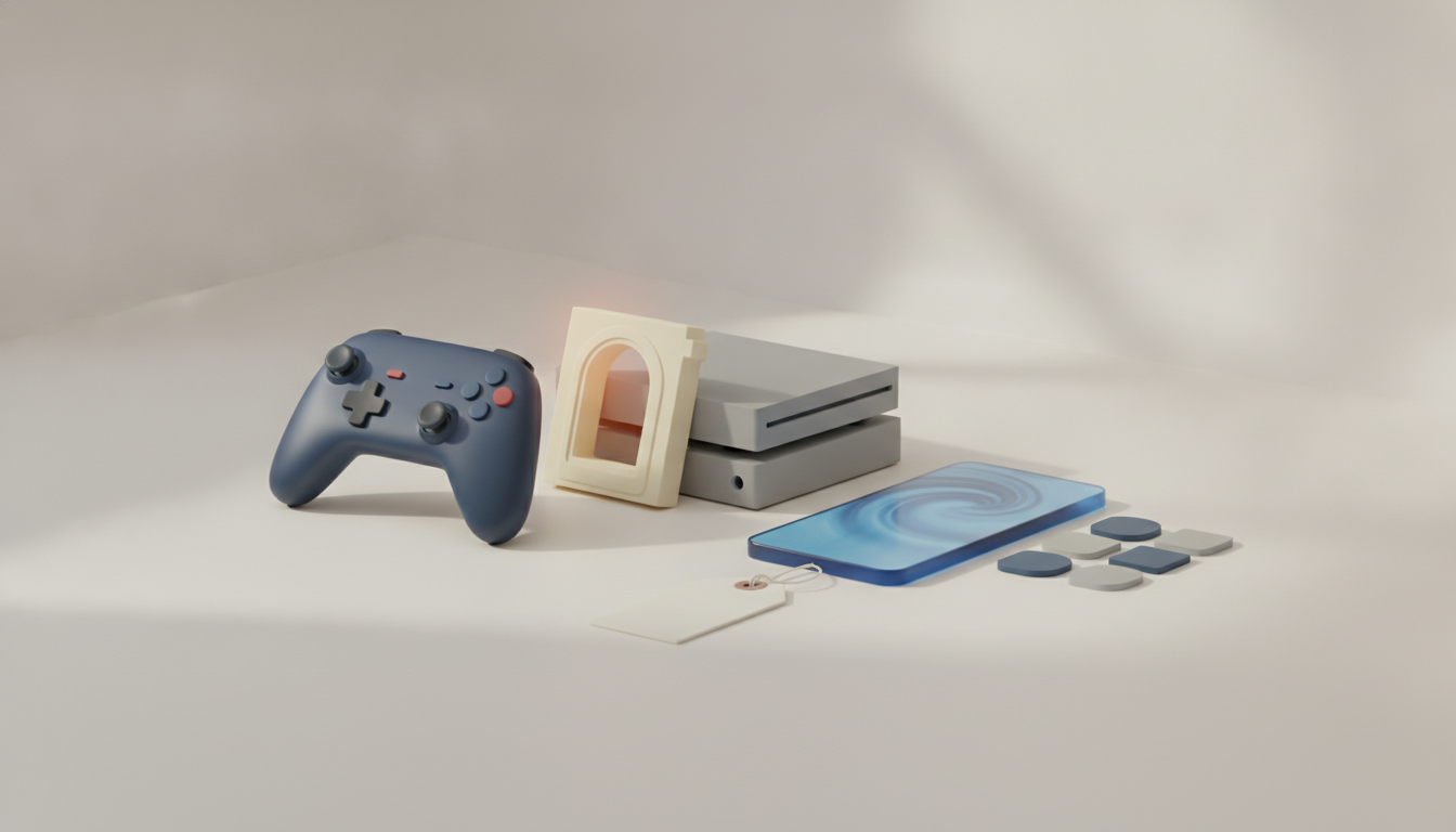 A blue game controller sits beside stacked gray consoles, a small cream frame, a blue phone, and scattered square pieces.
