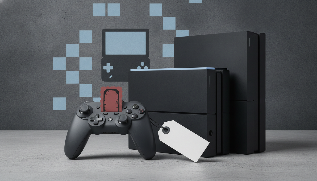 A black game controller sits beside two stacked black consoles with blue pixel squares on a gray background.