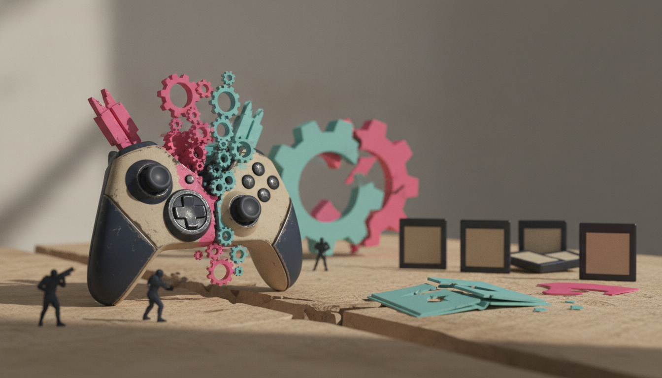 A worn game controller with colorful gears rising from it sits beside tiny figures, square blocks, and scattered pieces on a wooden surface.