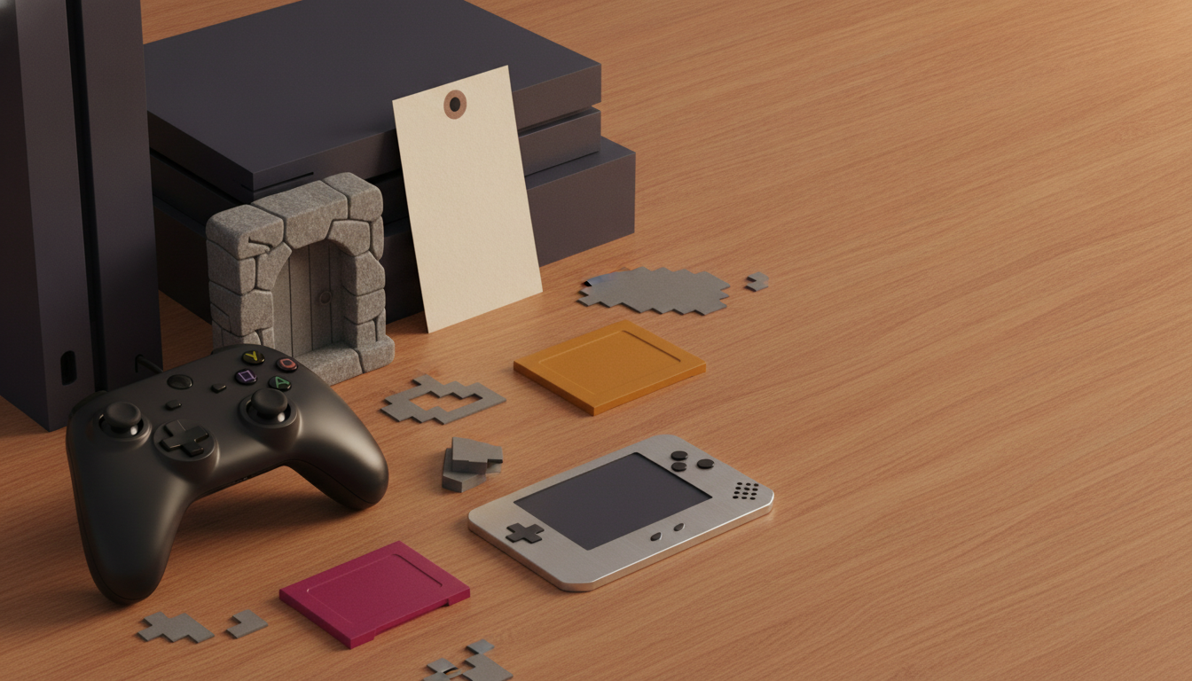A black game controller, a gray handheld device, and several small geometric pieces lie on a wooden surface near dark stacked boxes.