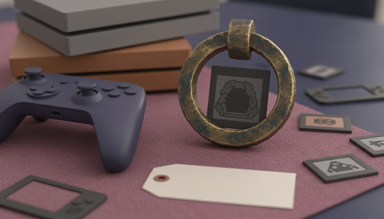 a game controller, stacked cases, a metal ring, and several small square tiles and tags on a textured surface