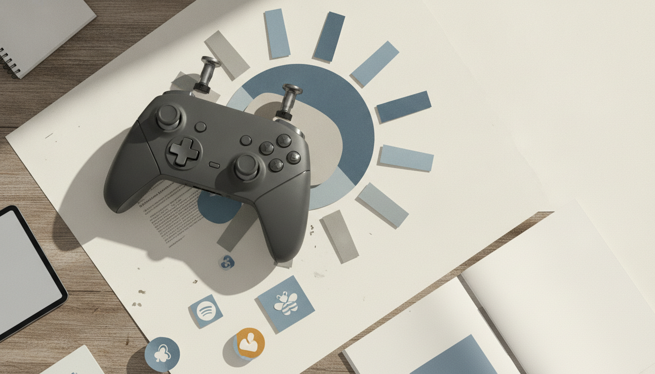A black game controller rests on papers with a blue circular diagram, surrounded by a notebook, phone, and small icon tiles on a wooden desk.