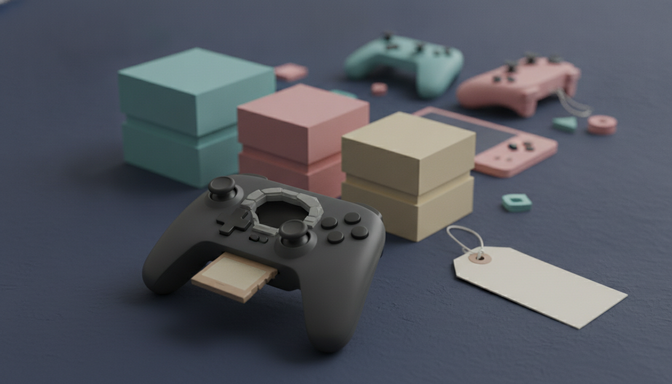 A dark game controller sits among pastel stacked blocks, loose buttons, and blank hanging tags on a blue surface.