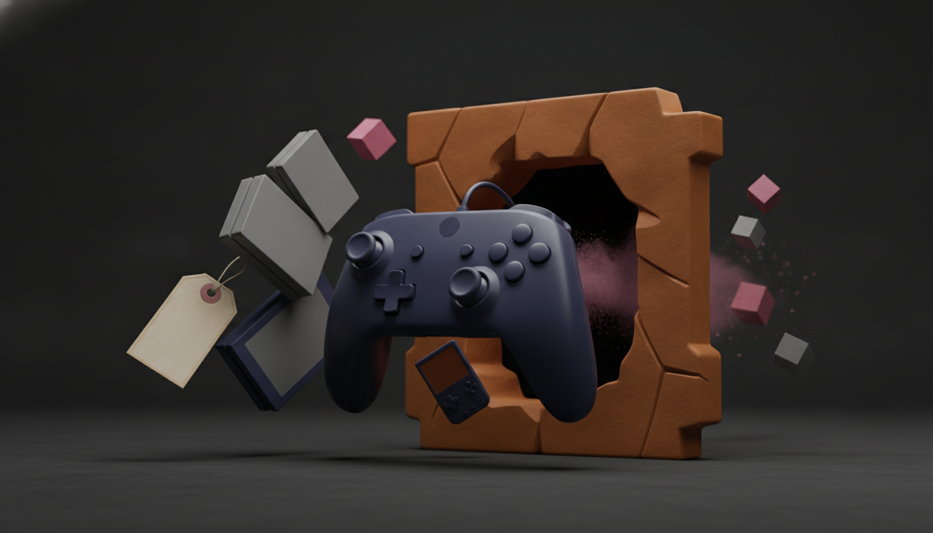 a dark game controller floats in front of a cracked brown portal with small cubes, tags, and a handheld device nearby