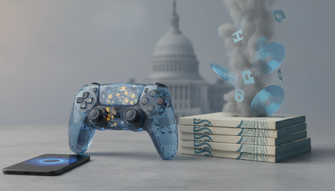 a transparent blue game controller sits beside a smartphone, stacked books, and floating discs with smoke in the background