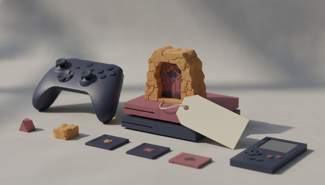 A game controller, stacked rectangular devices with a stone arch, a blank tag, and several small game cartridges are arranged on a plain surface.
