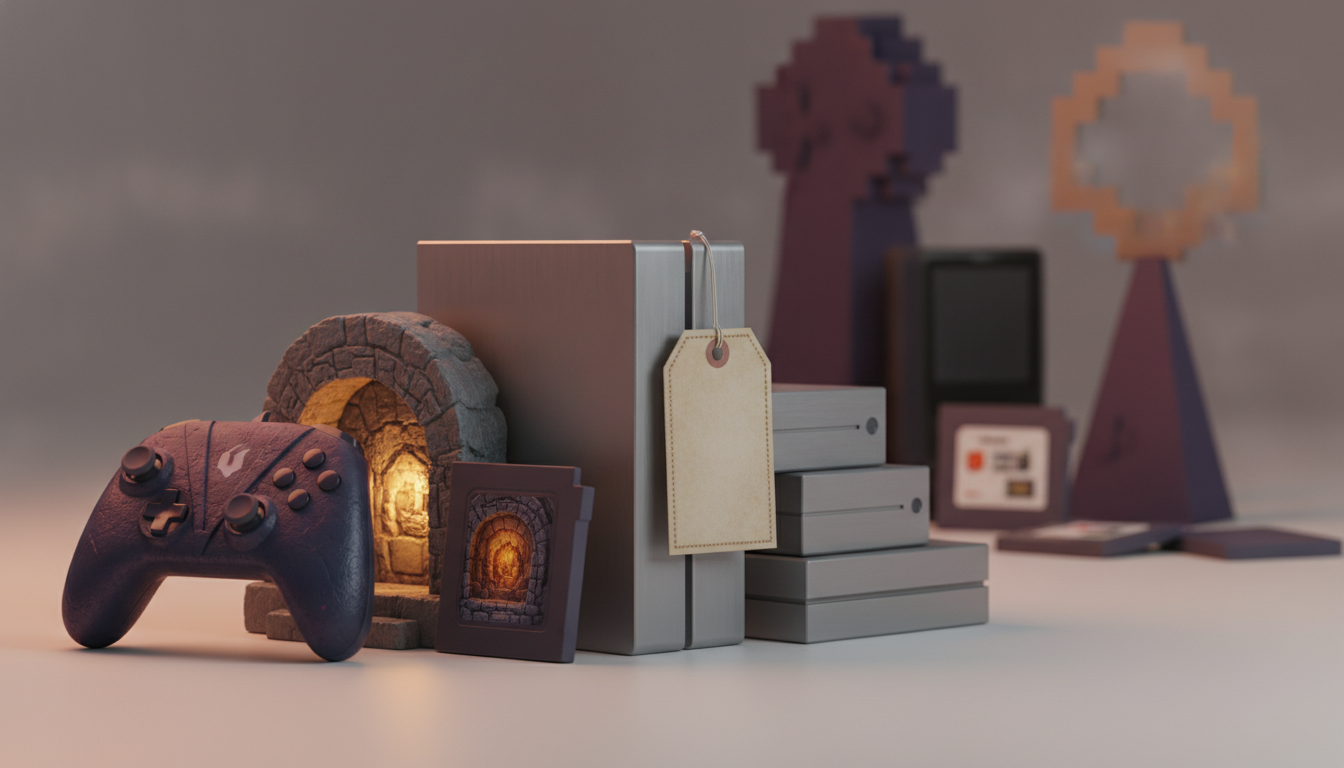 a game controller, stone arch with warm light, stacked gray boxes, a hanging tag, and pixelated decorative shapes