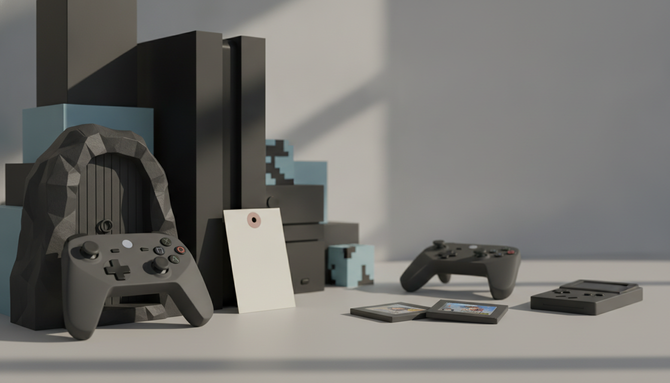two game controllers, several game cartridges, and blocky display pieces on a sunlit surface