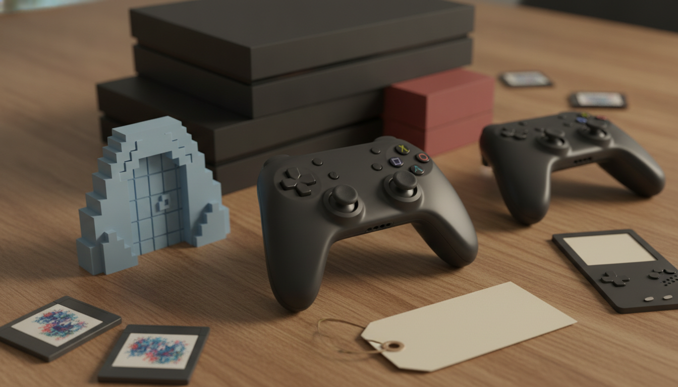 black game controllers, stacked cases, a small blue arch, cartridges, a handheld device, and a blank tag on a wooden table