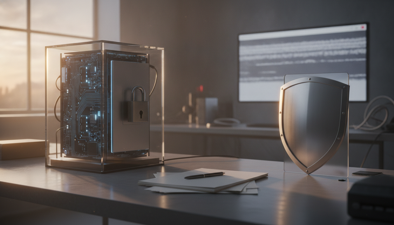 A glass cube holding a circuit board sits beside a shield display, with papers and a pen on a desk.