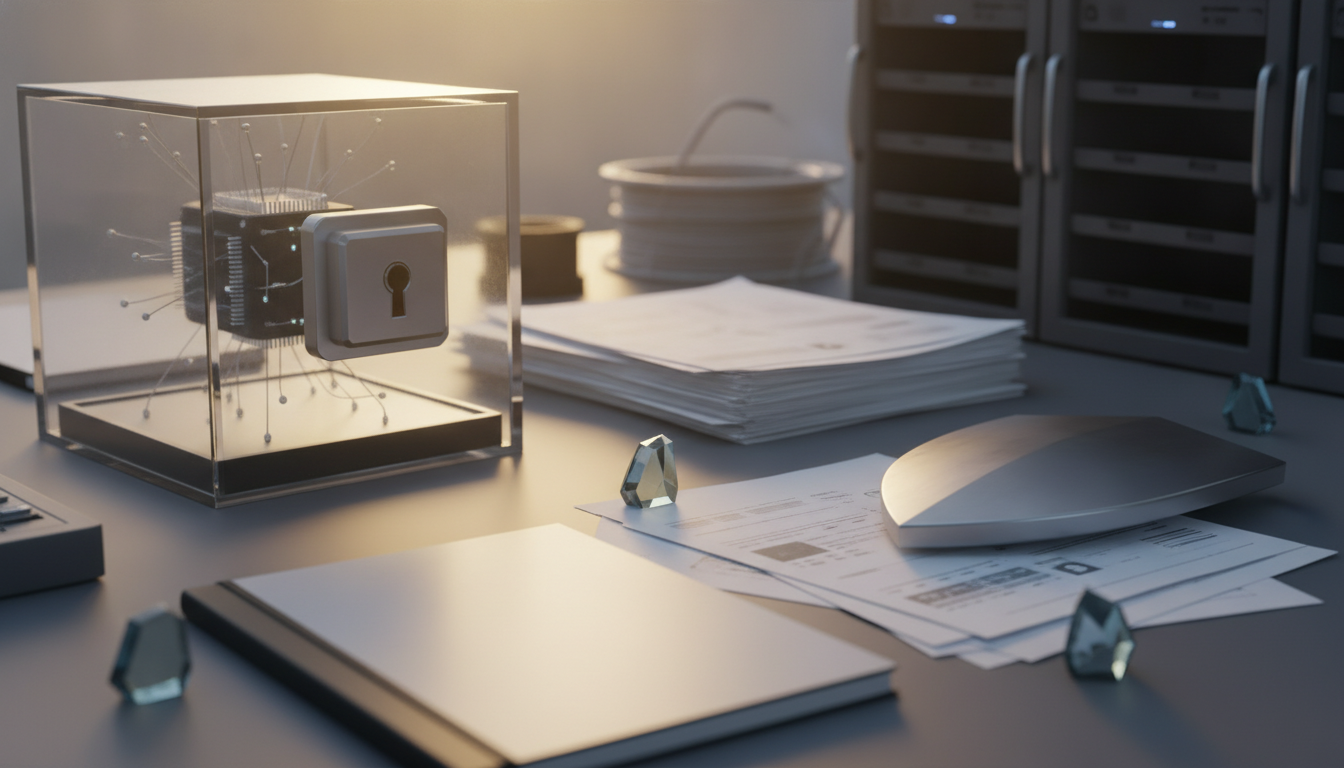 A glass cube with a metallic lock sits beside stacked papers, a silver oval object, and small crystal pieces on a desk.