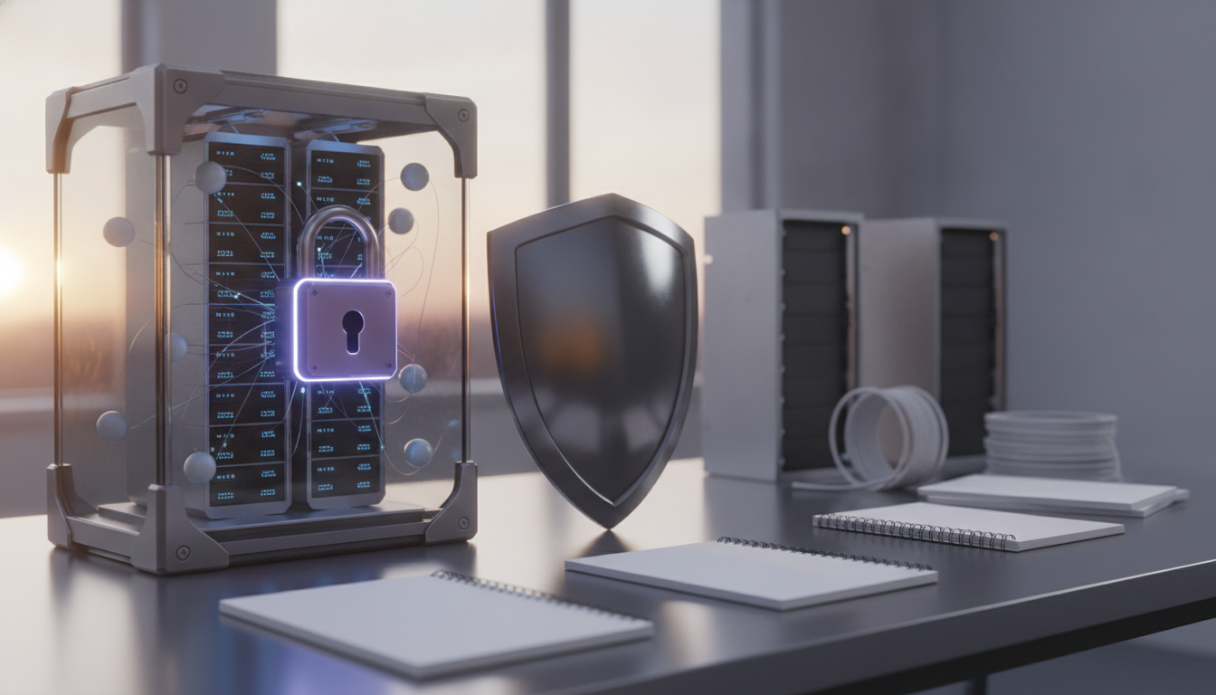 a glowing locked server case, a shield, stacked binders, and spiral notebooks on a desk