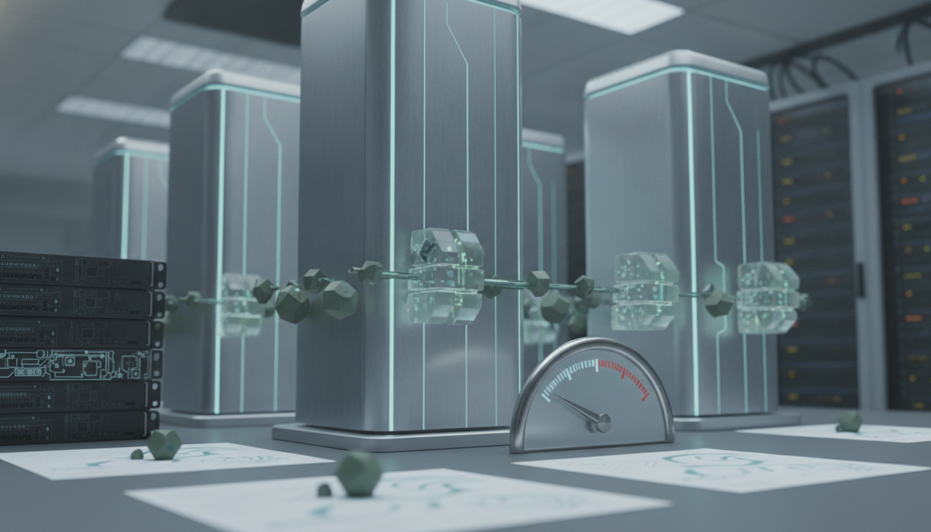 rows of tall glowing server-like towers with a gauge in front and scattered small geometric objects on the floor