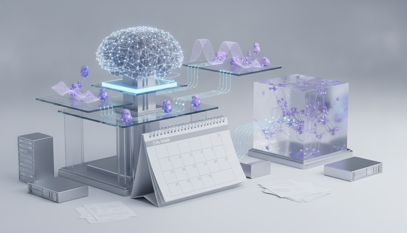 A glowing wireframe sphere on glass platforms, a desk calendar, purple crystal-like shapes, server boxes, and scattered papers on a white surface.