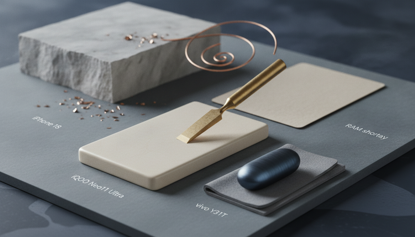 A gold chisel rests on a cream slab beside a blue capsule, with a gray block, copper spiral, and scattered fragments on a dark platform.