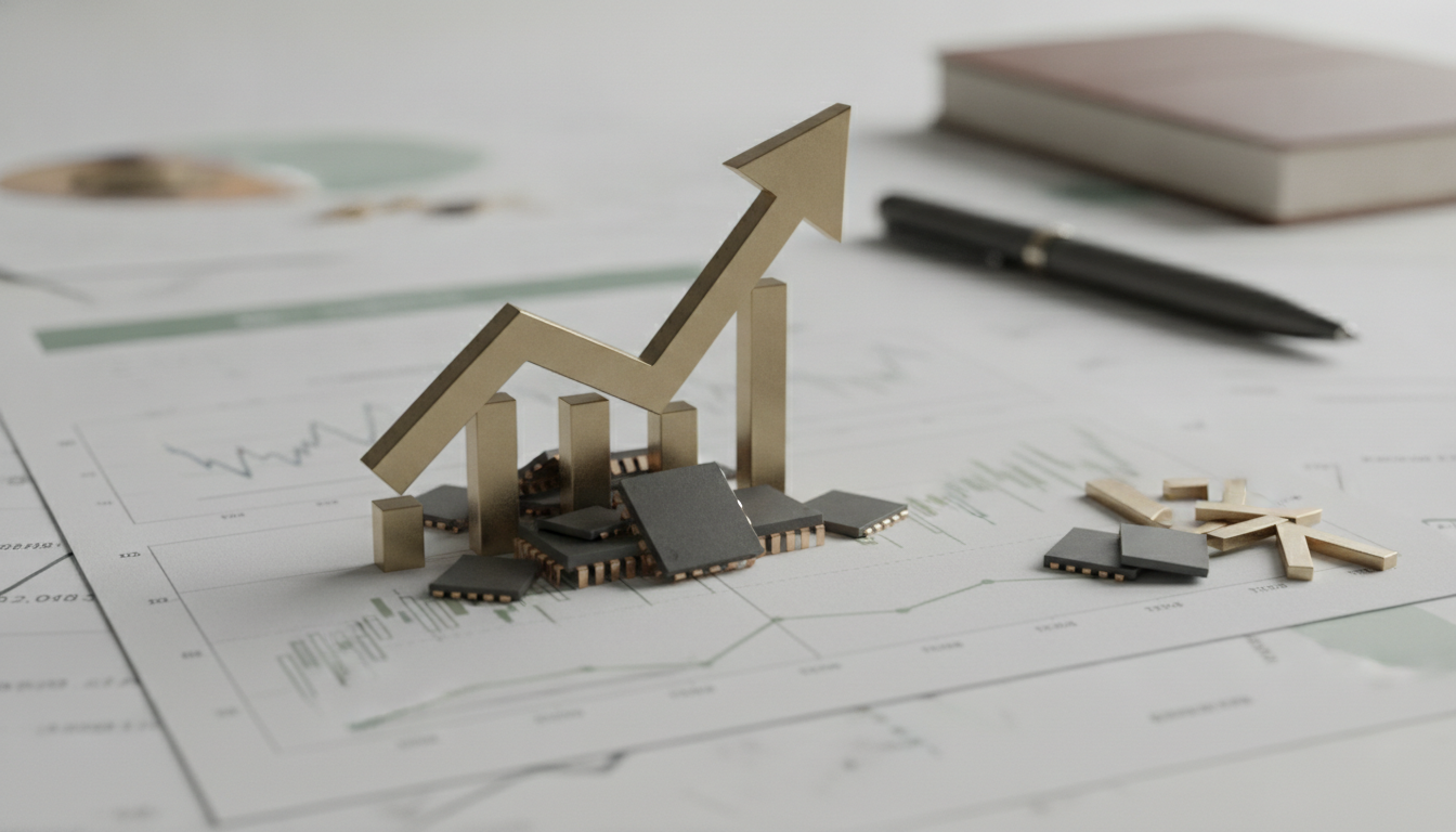 A gold upward arrow stands among small blocks on papers with charts, with a pen and notebook in the background.
