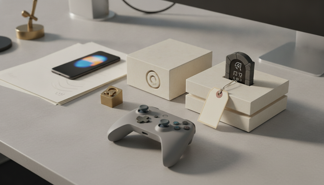 a gray game controller, a smartphone on papers, stacked boxes, and small desk objects on a light tabletop