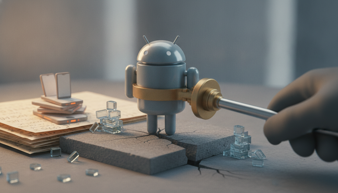 a small gray robot stands on cracked stone while a gloved hand holds a metal rod against its side, with stacked cards and clear cubes nearby