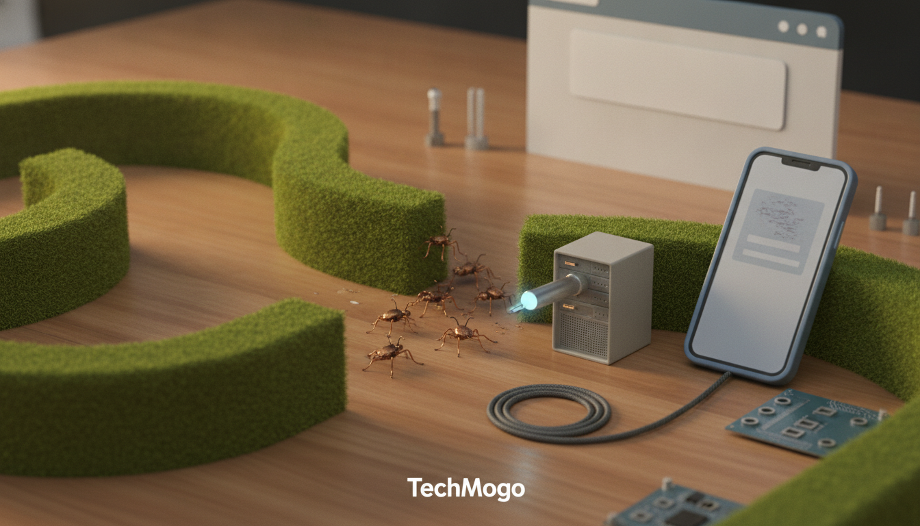 green curved foam barriers surround a wooden surface with a small server box, a smartphone, wires, and several ants.
