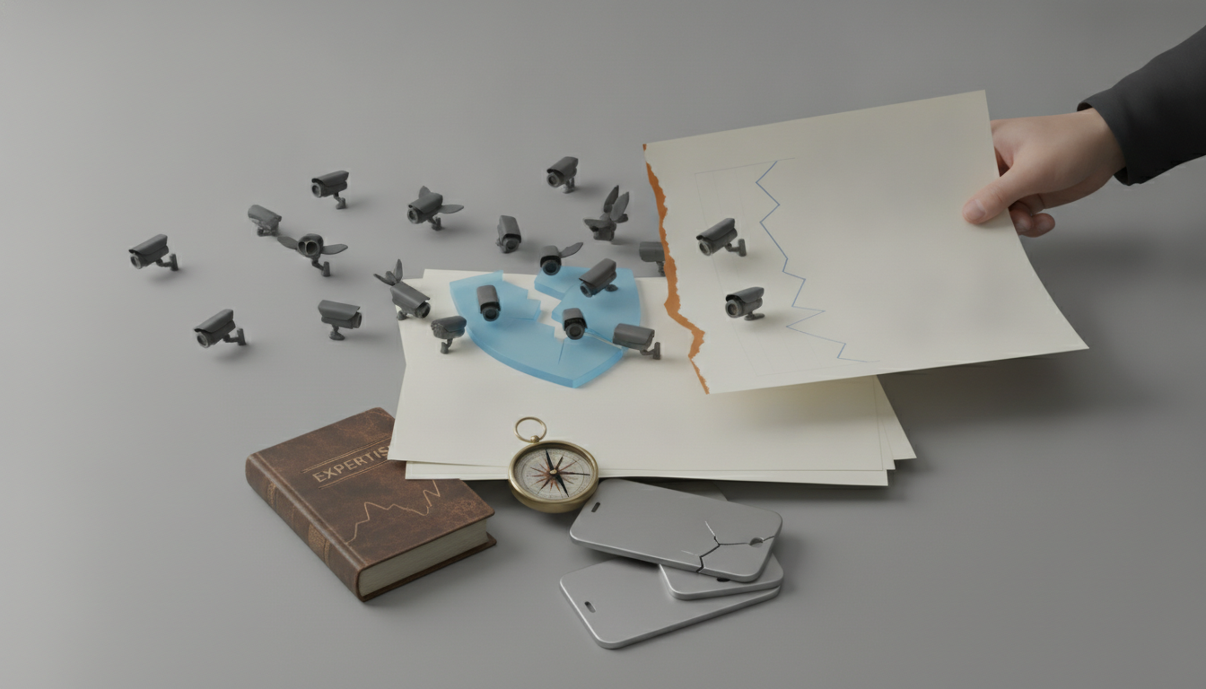 a hand holds a torn sheet above stacked papers, with small cameras, a compass, a book, and broken cards on a gray surface