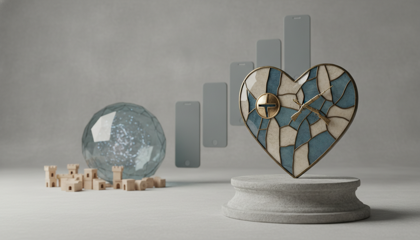 A heart-shaped mosaic clock stands on a pedestal beside a blue glass sphere and small wooden blocks with faint phone silhouettes behind.