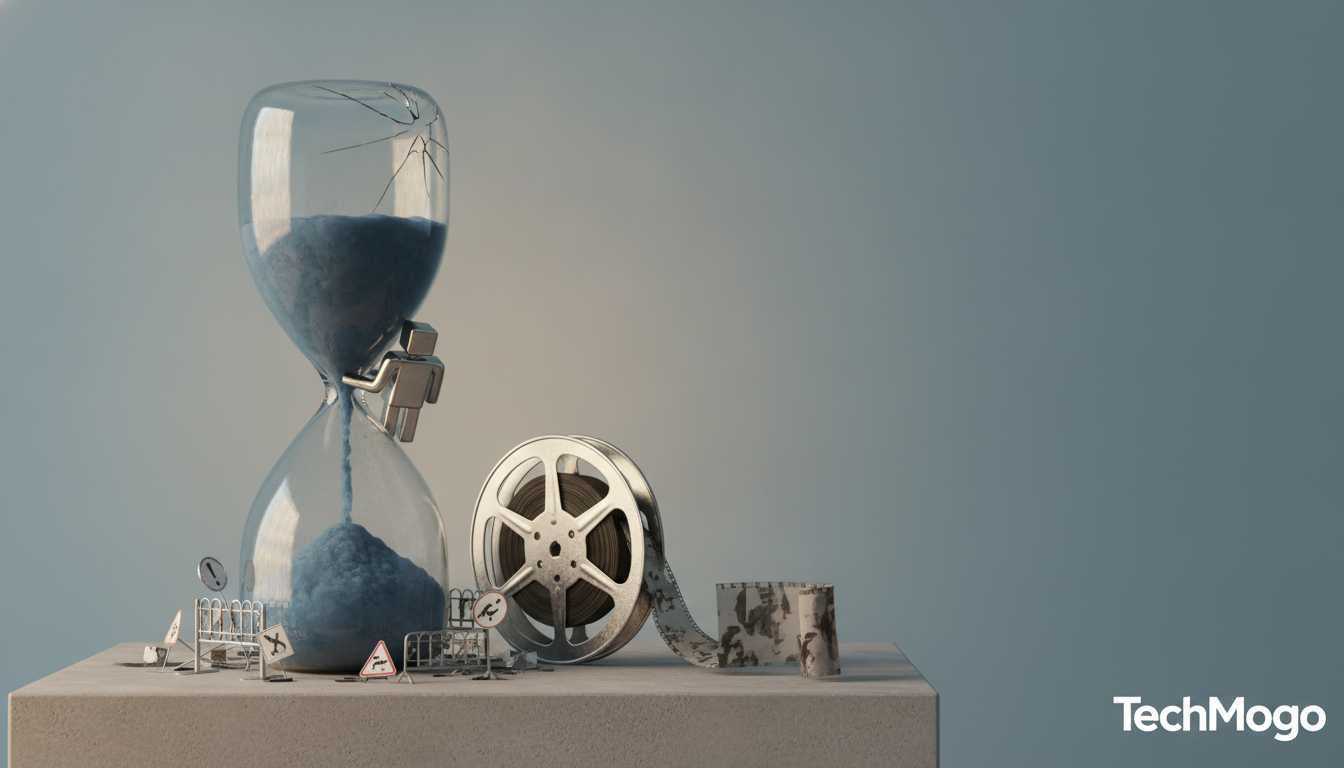 A cracked hourglass stands beside a film reel and small warning signs on a plain pedestal.