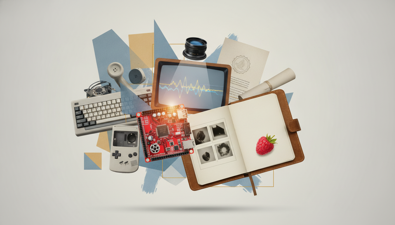 a collage of a keyboard, headset, monitor, camera, handheld game device, circuit board, open notebook with a raspberry, and papers