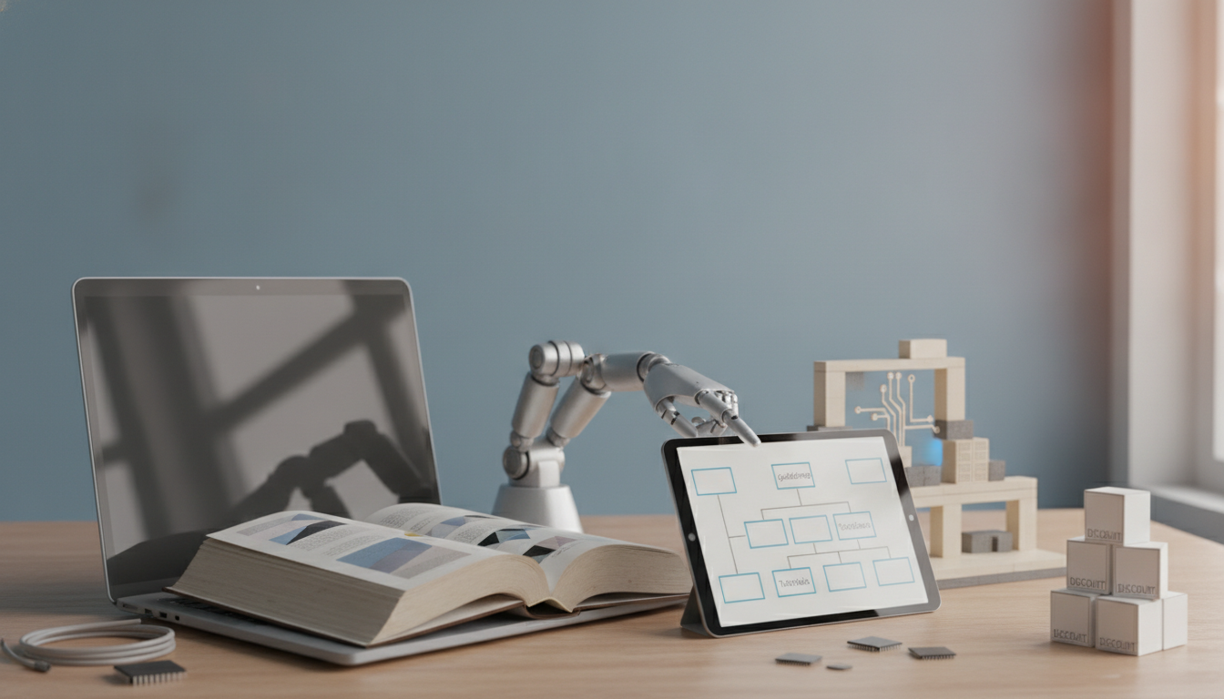 laptop with an open book, a robotic arm pointing at a tablet, stacked blocks, and small chips on a desk