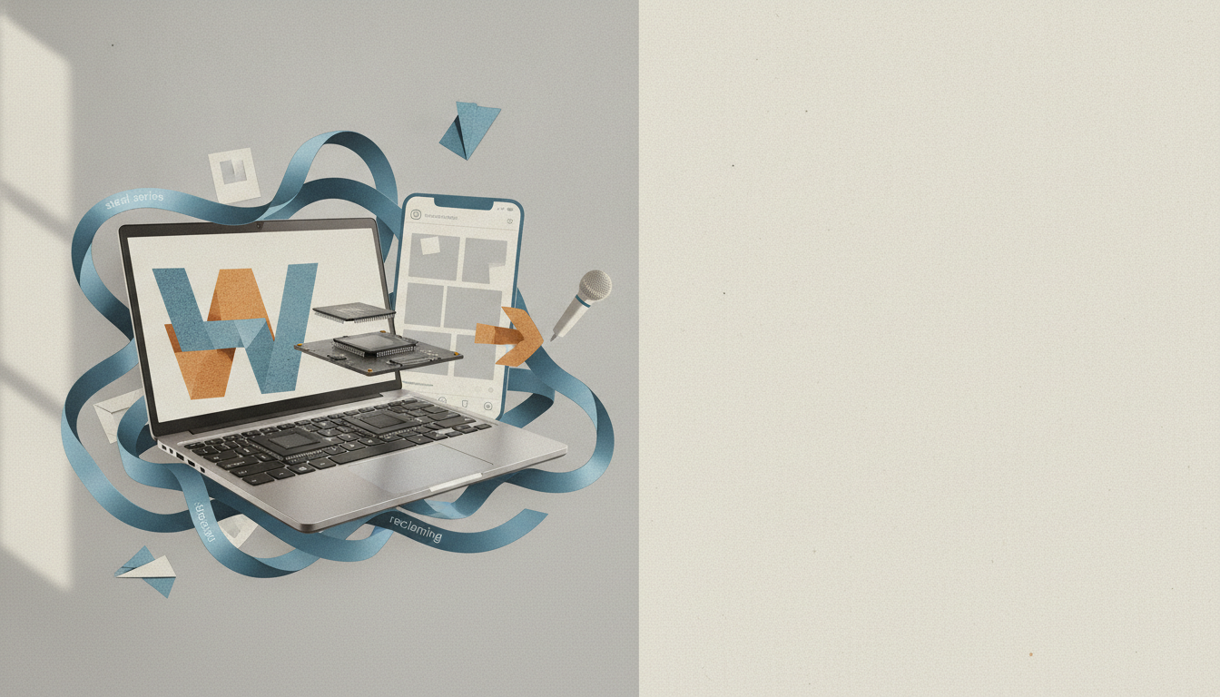 a laptop with floating circuit boards, a smartphone outline, a microphone, and blue ribbon shapes on a pale background
