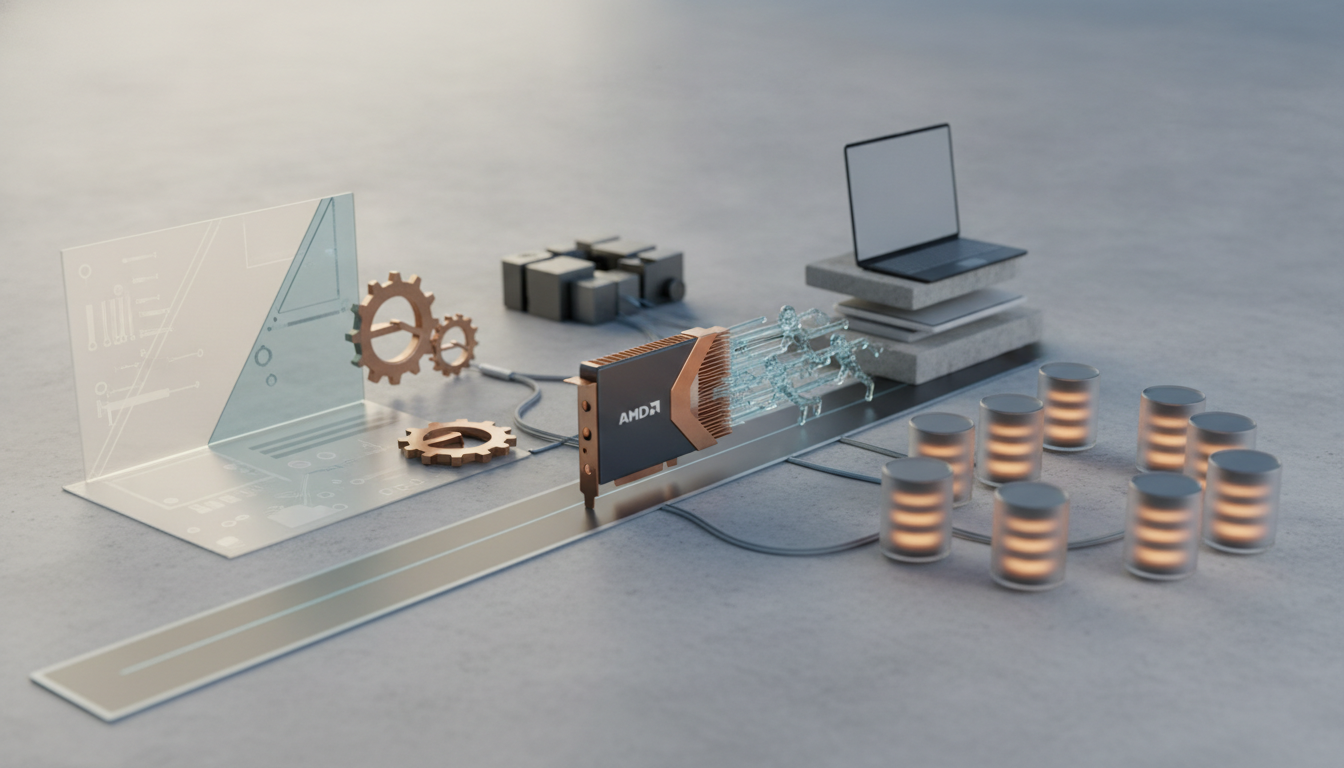 a laptop, gears, a circuit board, and glowing cylinders connected by cables on a gray surface