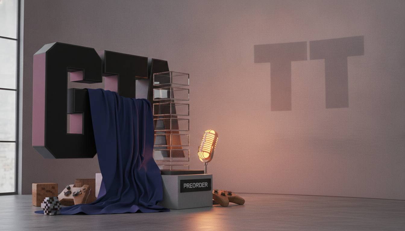 Large black block letters, a draped blue cloth, stacked clear shelves, a glowing lamp, and wooden blocks on a floor by a window.
