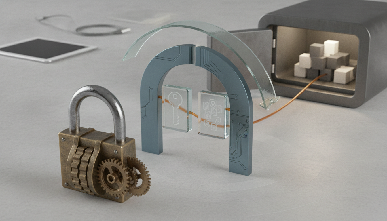 A metal padlock with exposed gears sits beside a blue arch holding two glass blocks and a curved arrow toward an open safe.