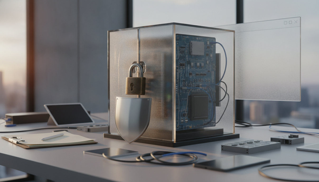 a transparent locked box containing a circuit board sits on a desk with a shield emblem, cables, and office items nearby