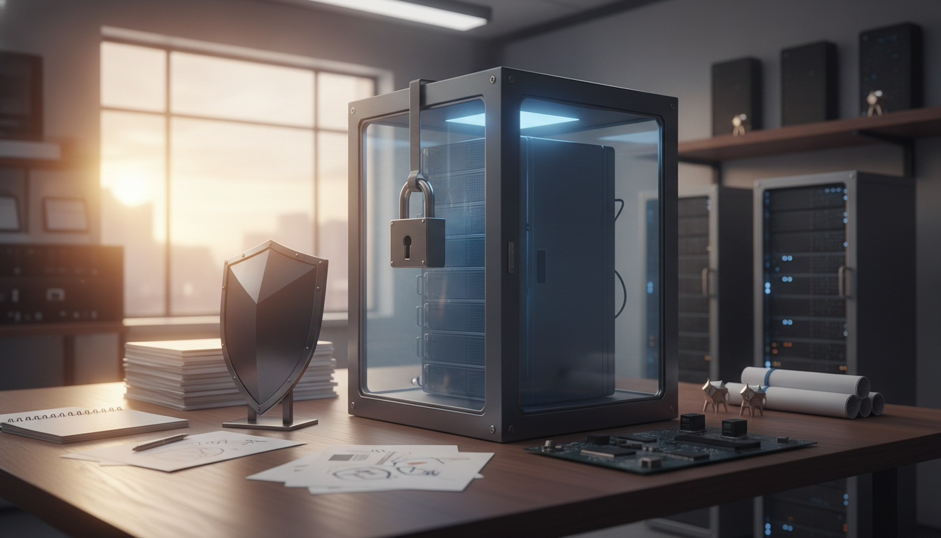 A glass computer case with a hanging padlock sits on a desk beside a shield, papers, a circuit board, and rolled plans.