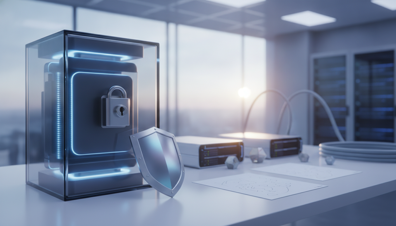 A glowing locked device sits beside a shield on a desk with servers, papers, and cables in a bright room.
