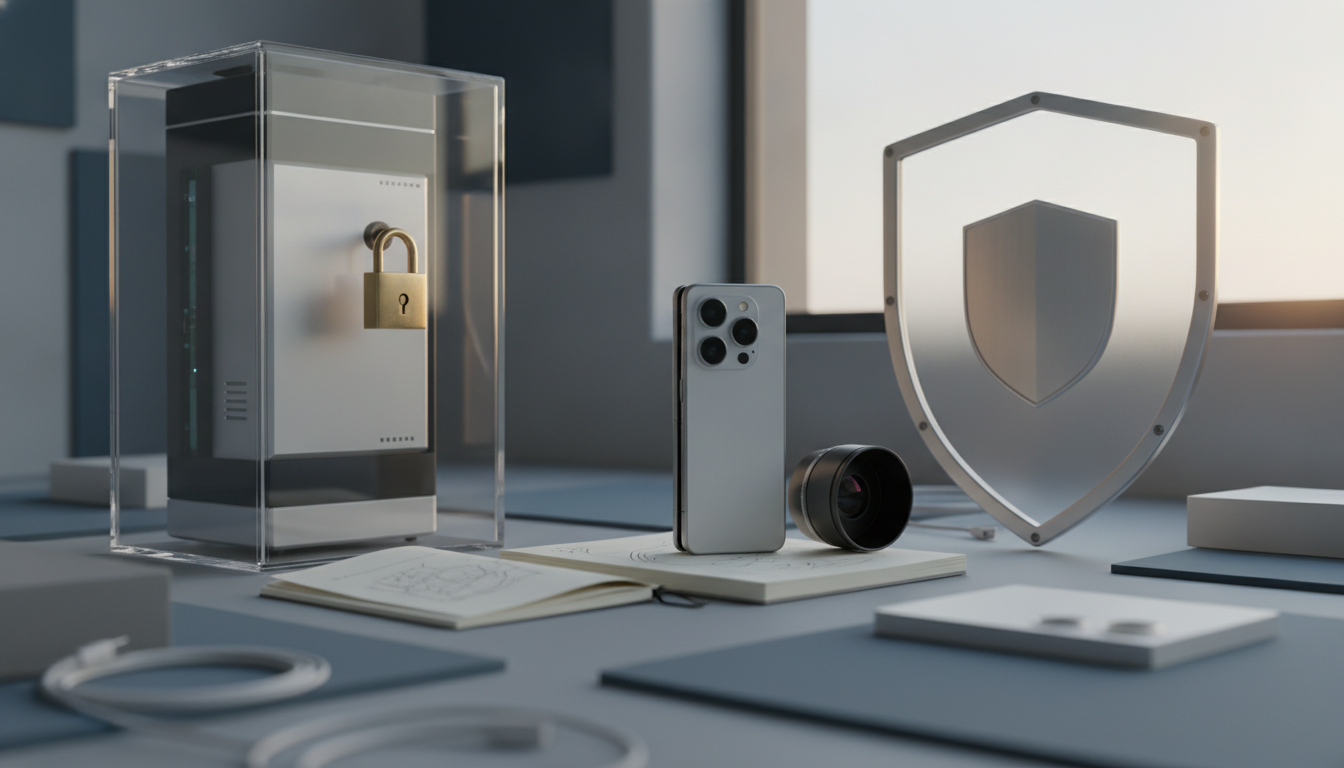 a locked glass case, a smartphone, a camera lens, an open notebook, and a shield-shaped frame on a tabletop