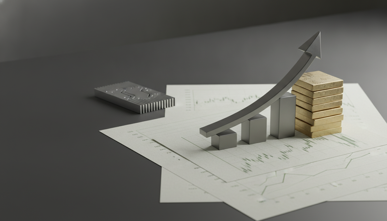 A curved upward arrow rises above gray blocks beside stacked gold bars on papers with faint charts.