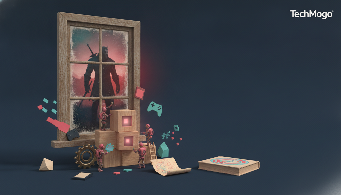A wooden window frame stands beside stacked blocks, small figurines, floating shapes, a gear, a rolled paper map, and a book.