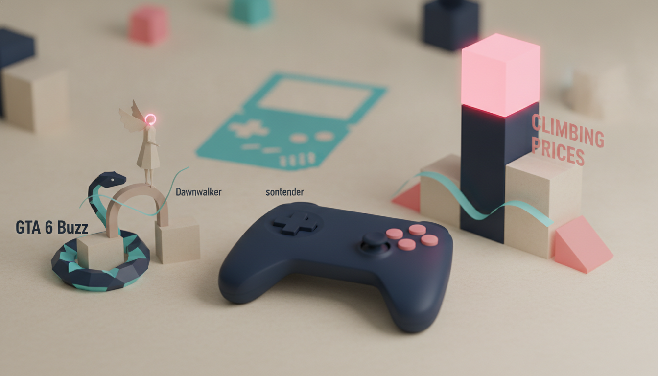 A dark game controller sits beside pastel blocks, a small winged figure on an arch, and glowing stacked pillars with visible words.
