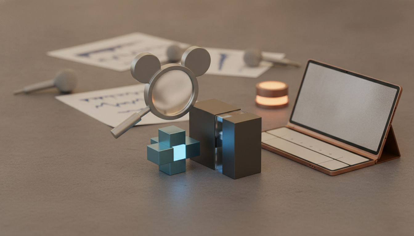 A magnifying glass with round ears stands beside small metallic blocks and a folding tablet on a tabletop.