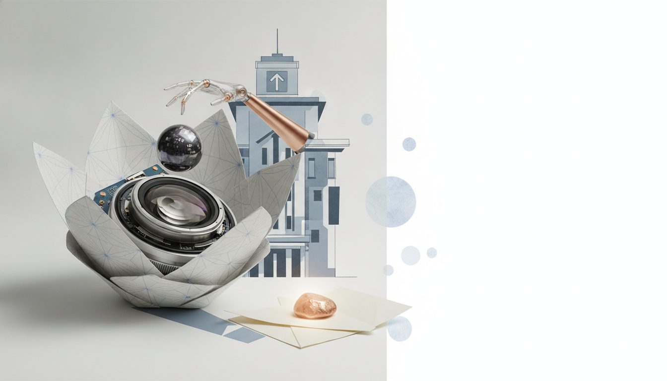 A mechanical camera lens sits in folded paper petals beside a robotic hand, geometric buildings, and a small amber stone.