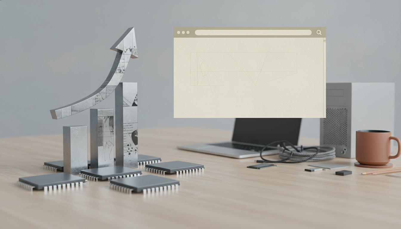 Metallic blocks and microchips sit on a wooden desk beside a laptop, monitor, mug, cables, and small parts.