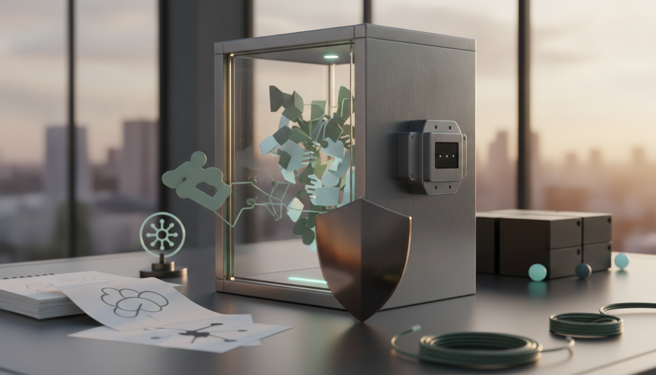 metal cabinet with a glass door, shield, papers, coiled cables, and small blocks on a tabletop
