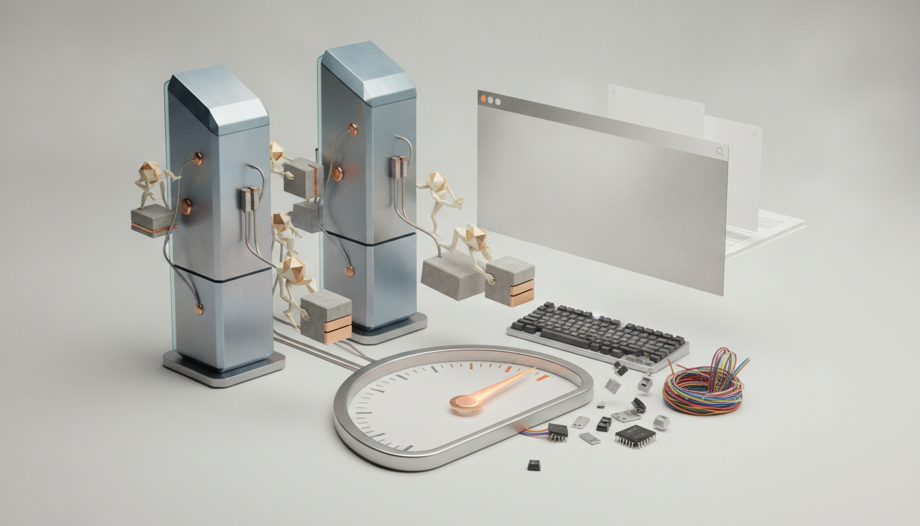two tall metallic towers connected by wires beside a blank computer window, keyboard, speedometer gauge, and scattered electronic parts