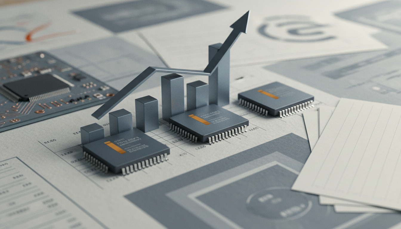 Three microchips sit on a technical diagram beside rising bars and an upward arrow, with papers stacked at the right.