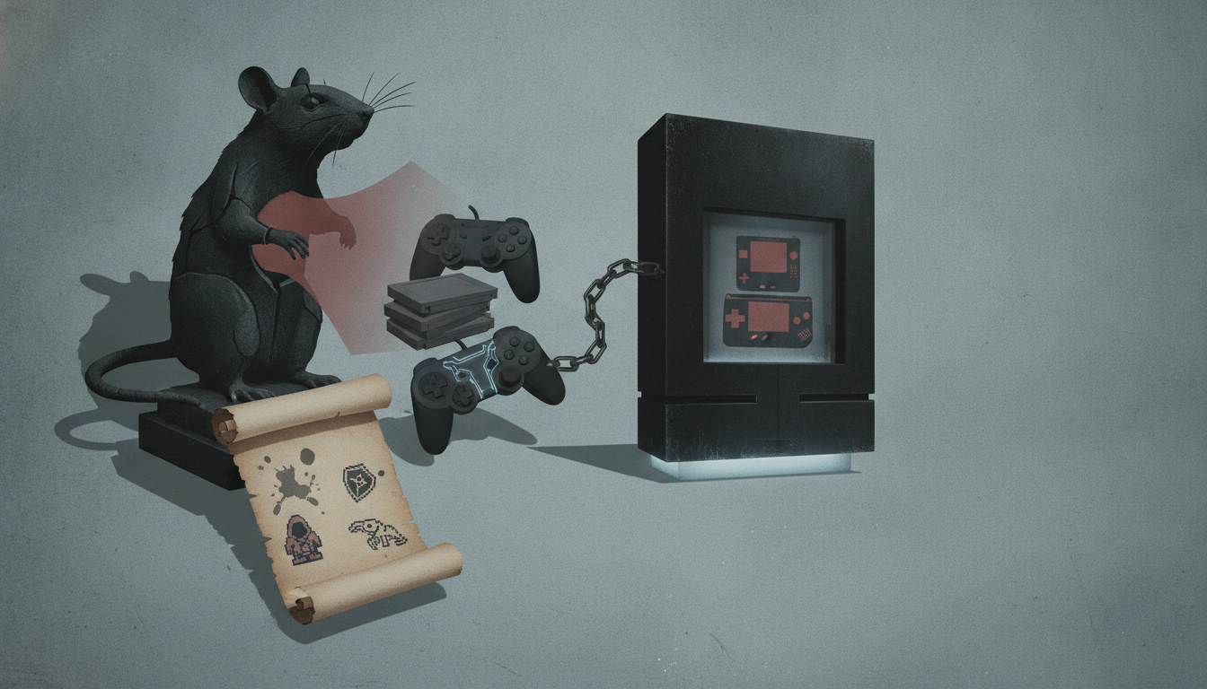 A black mouse statue faces a chained display case with handheld game devices, controllers, a stack of cartridges, and a parchment scroll.