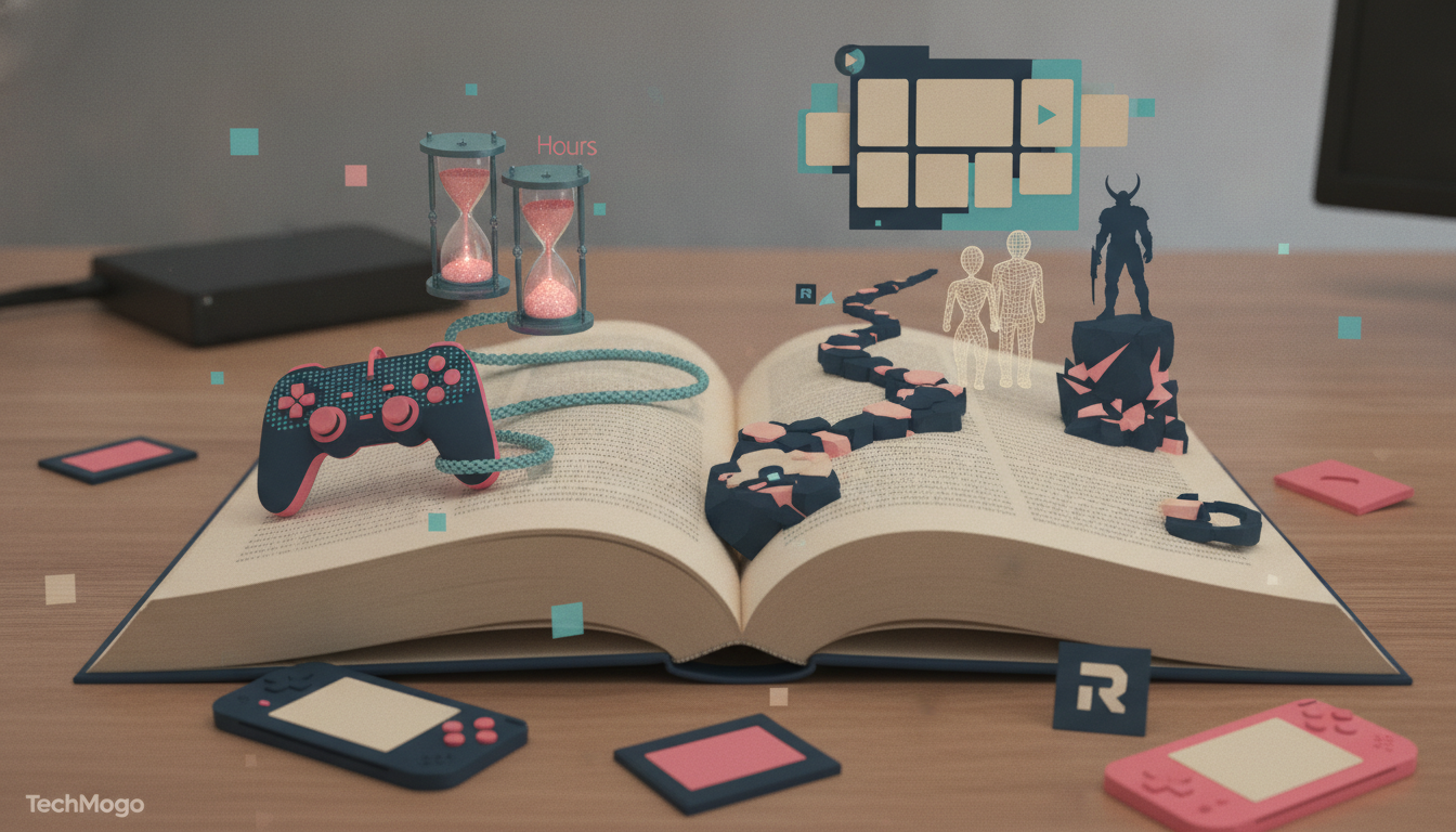 An open book sits on a desk with a game controller, two hourglasses, floating shapes, and small human figures above the pages.